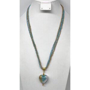 Venetian Glass Heart Pendant Necklace Gold Blue Clear Beaded 24”  Lobster Clasp